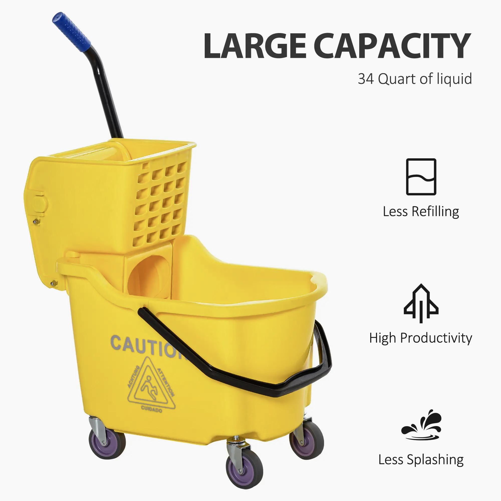 Mop Bucket Cart with Side Press Wringer, Metal Handle and 34 Quart Capacity, Yellow