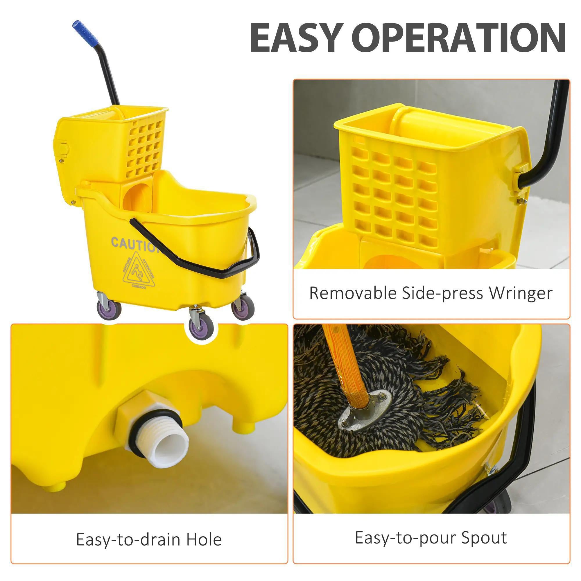 Mop Bucket Cart with Side Press Wringer, Metal Handle and 34 Quart Capacity, Yellow