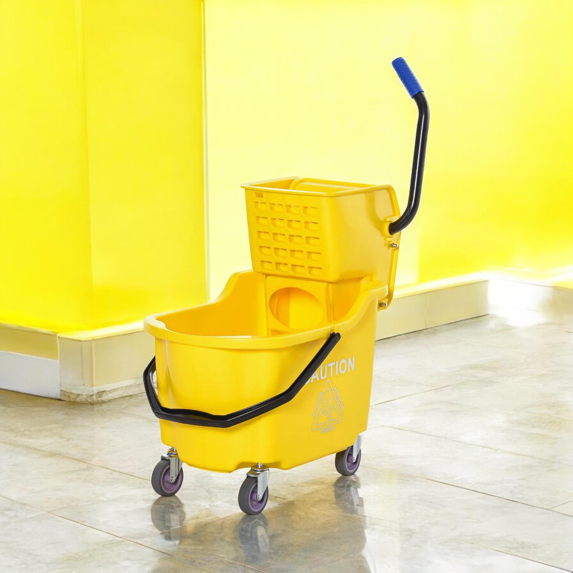 Mop Bucket Cart with Side Press Wringer, Metal Handle and 34 Quart Capacity, Yellow