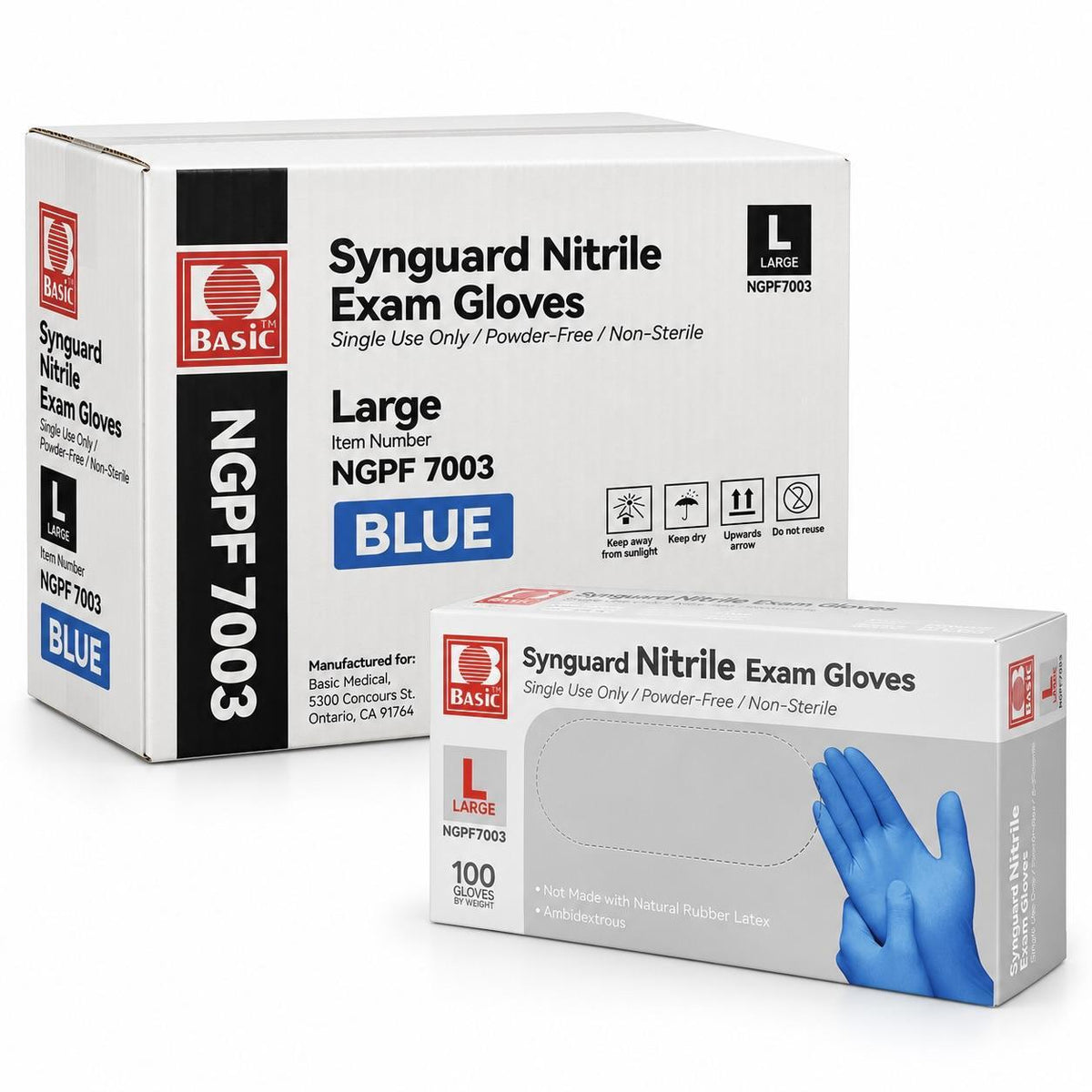 BASIC Synguard Blue Nitrile Exam Gloves – Large – Powder-Free