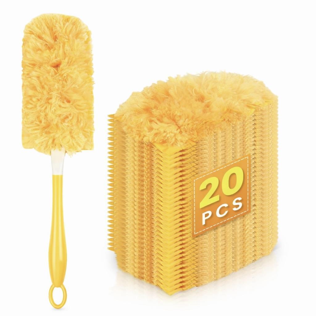 Microfiber Duster Set with Handle – 20 Yellow Refill Heads, One Reusable Handle