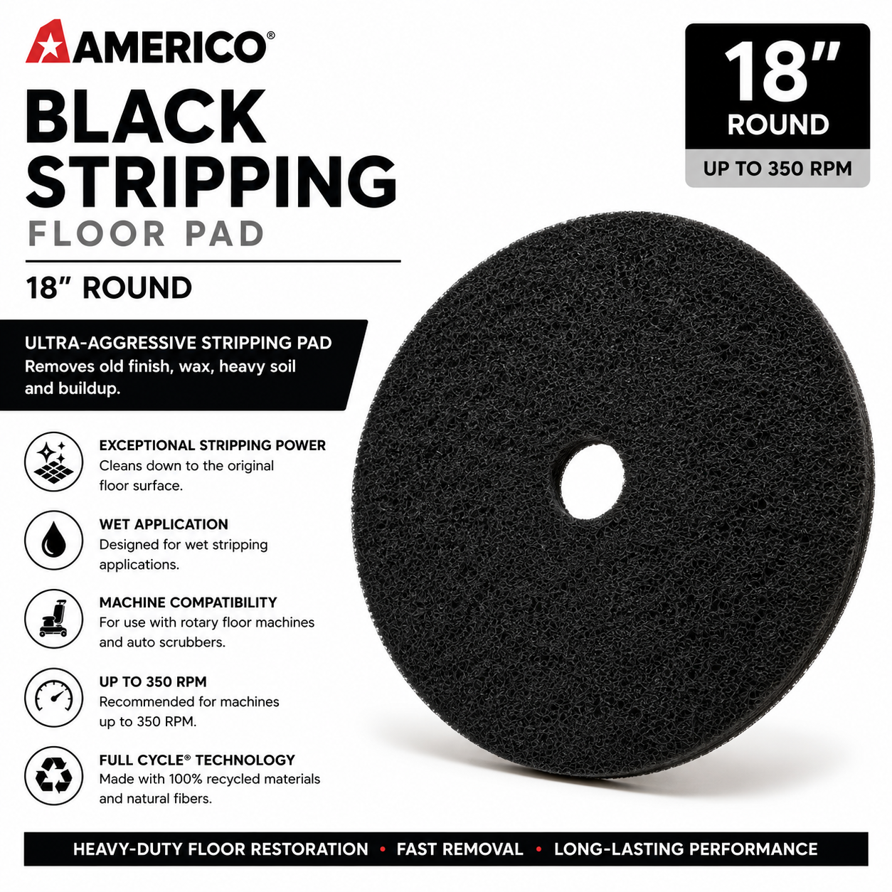 Americo Black Stripping Floor Pad 18"