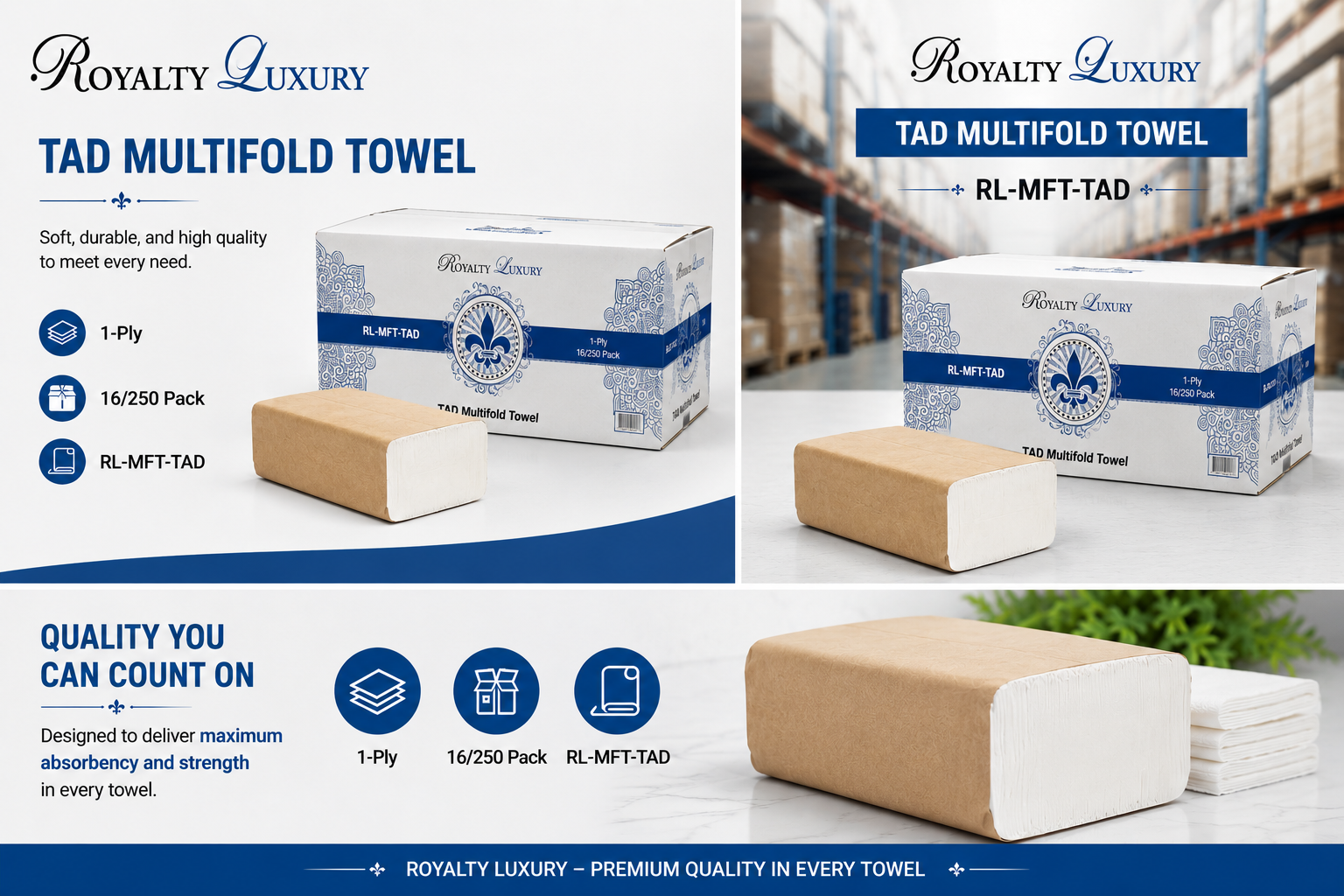 Royalty Luxury TAD Multifold Paper Towels – RL-MFT-TAD | 1-Ply | 16 Packs x 250 Sheets