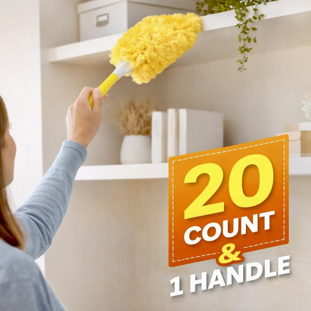 Microfiber Duster Set with Handle – 20 Yellow Refill Heads, One Reusable Handle