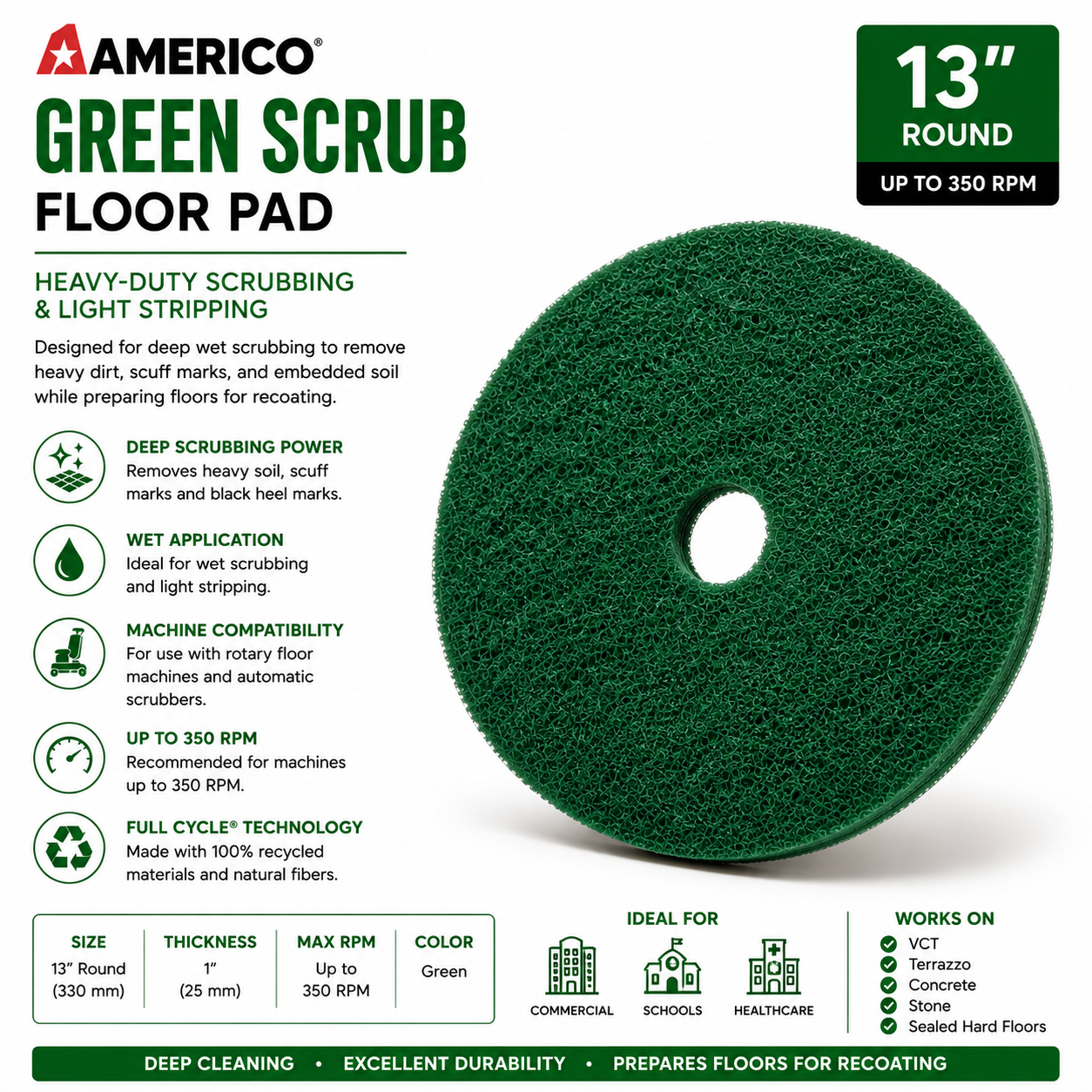 400313 - Americo Green Scrub Floor Pad 13"