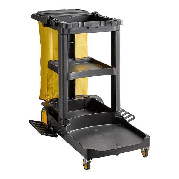 Premium 3-Shelf Janitor Cart Kit with Yellow Bag, Black Zippered Bag, and Lid