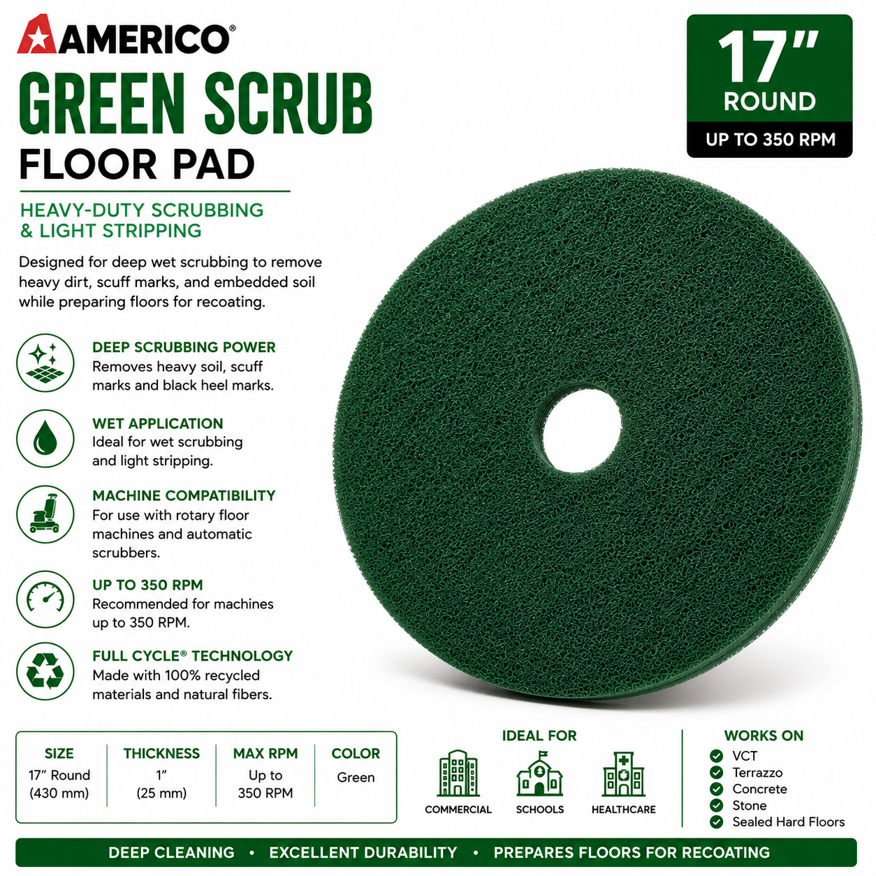 400317- Americo Green Scrub Floor Pad 17"