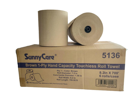 SUNNYCARE 5136 Hardwound roll towel brown 8.2" x 700ft 6/rolls case one ply GP Plastic cup