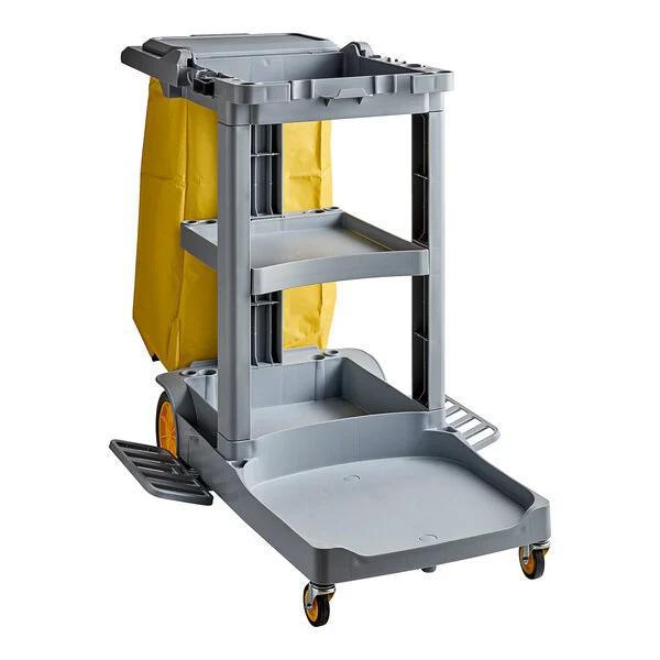 Premium 3-Shelf Janitor Cart Kit with Yellow Bag, Black Zippered Bag, and Lid