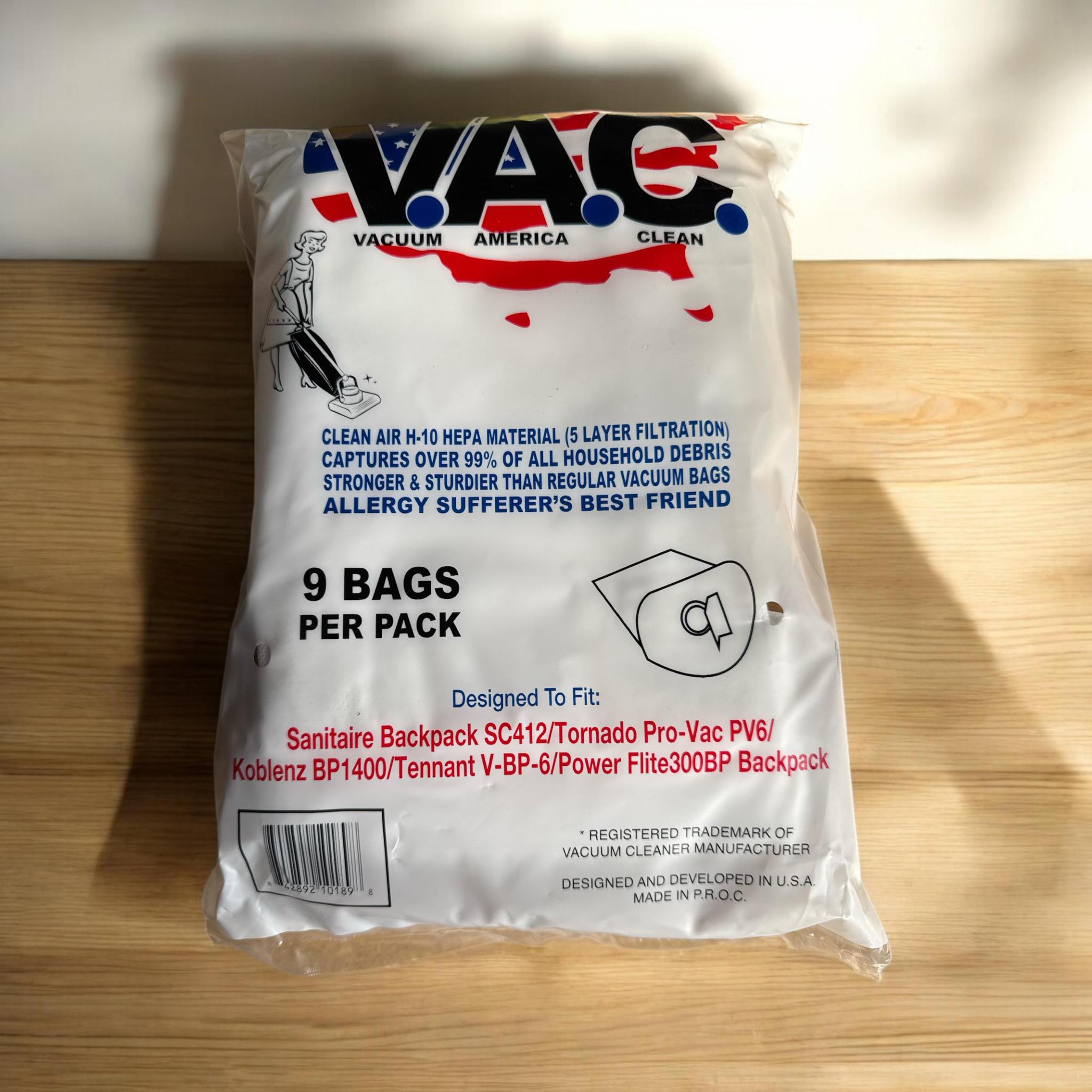 Sanitaire* Backpack SC412/Tornado* Pro-VAc PV6/ Koblenz* BP1400/ Tennant* V-BP-6/ PowerFlite*300BP Backpack H-10 HEPA Filtration 9 Bags per Pack