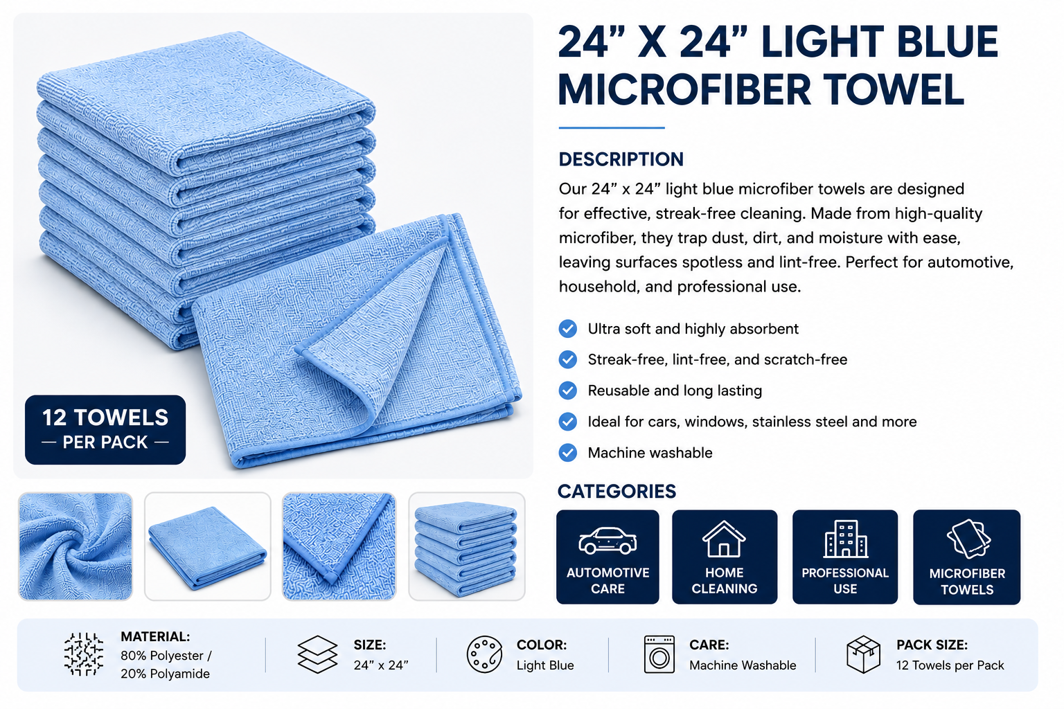 24" x 24" Light Blue Microfiber Towel – 12 Pack