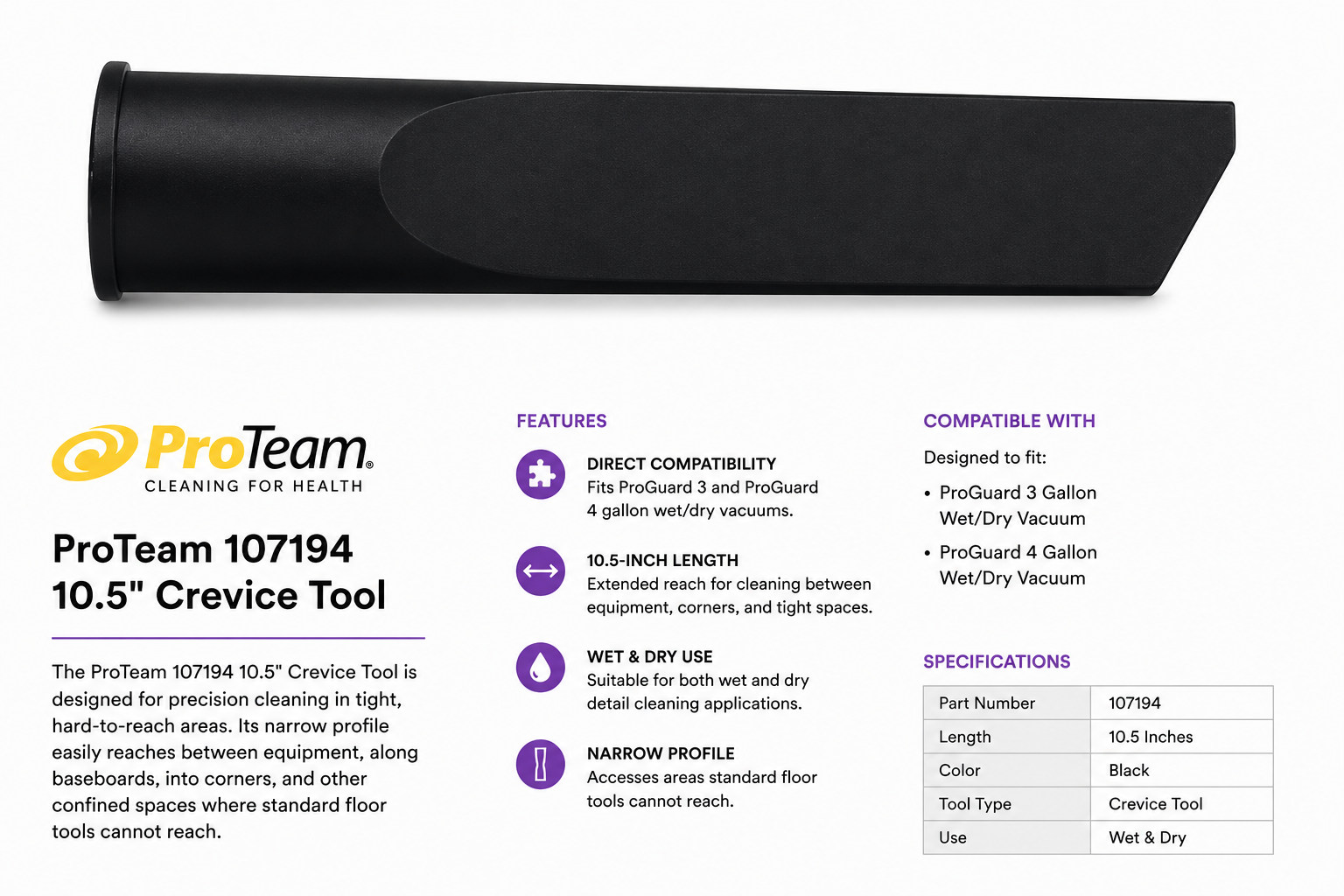 ProTeam 107194 10.5" Crevice Tool for ProGuard Wet/Dry Vacuums