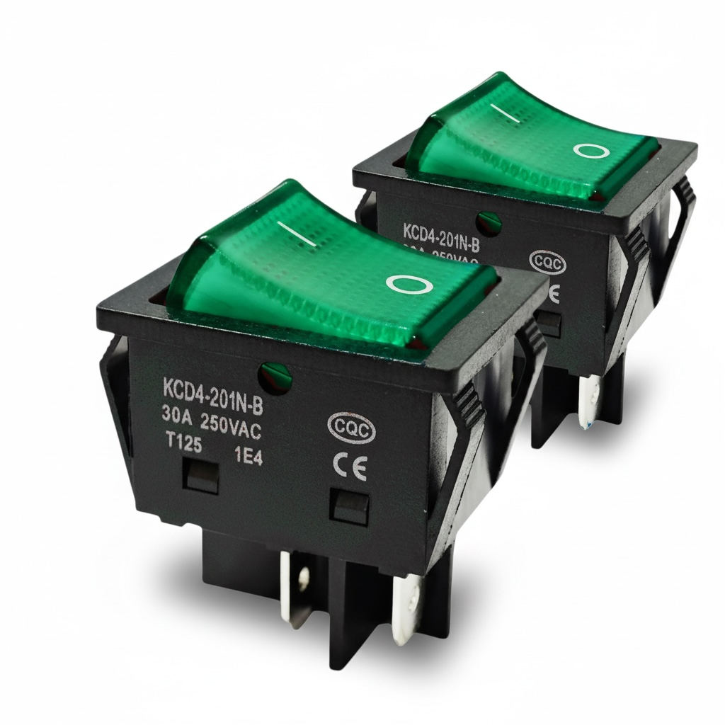 30A 250V KCD4 Rocker Switch DPST 4 Pin Green Lighted 120V