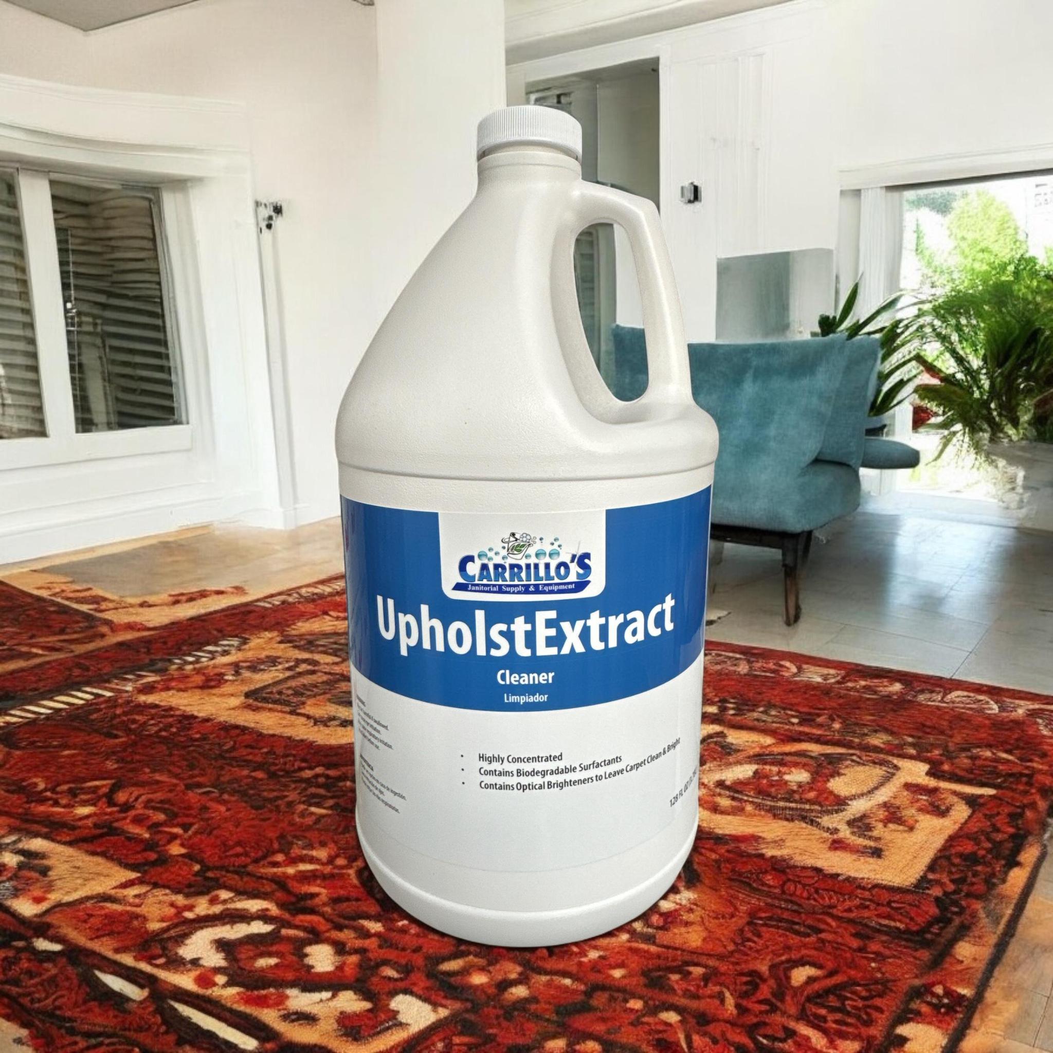 Carrillo's UpholstExtract upholstery cleaner – 1 gallon bottle on red rug in modern living room
