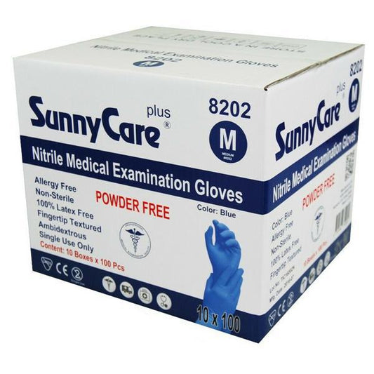 SUNNYCARE+ PLUS NITRILE MEDICAL EXAM GLOVE SIZE MEDIUM BLUE COLOR 100 PCS/CASE 10/BX CASE & 100/box