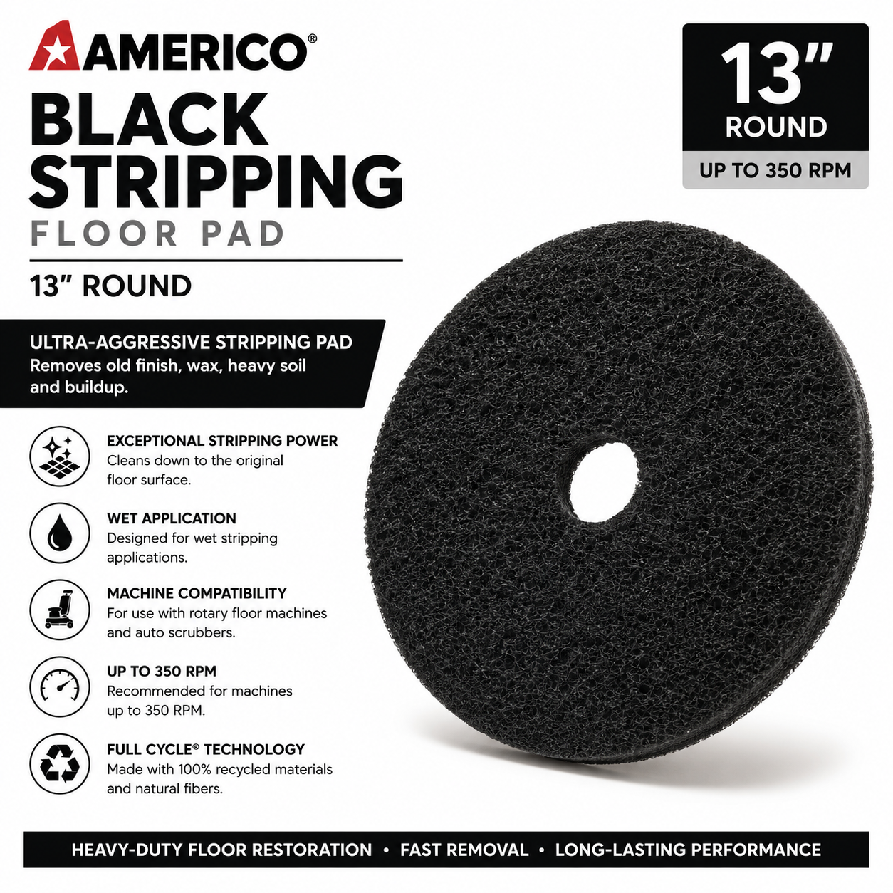 Americo Black Stripping Floor Pad 13"