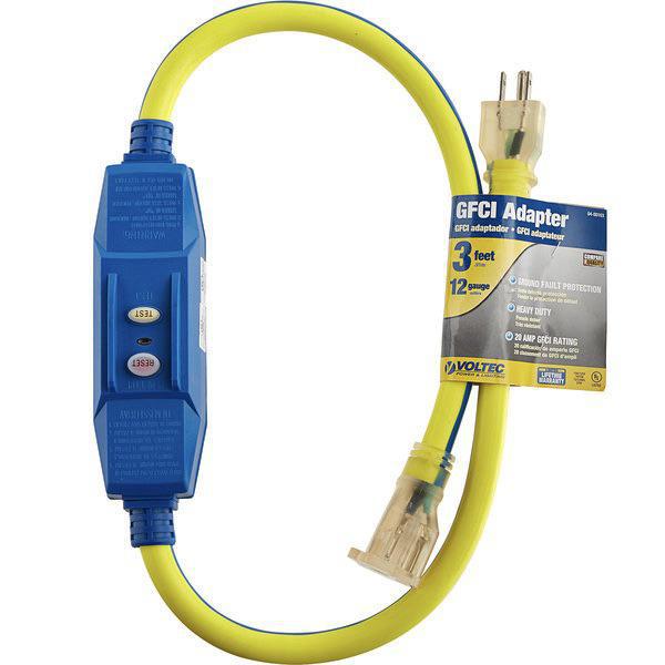 Voltec 04-00103 3' Blue/Yellow 12/3 In-Line 20 Amp GFCI Power Cord with Lighted End - 1875W