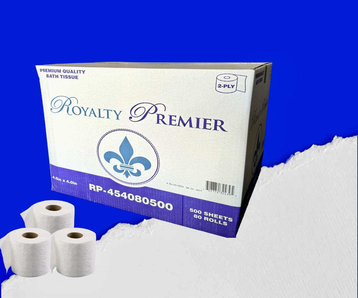 ROYALTY PREMIUM VIRGIN QUALITY BATH TISSUE 4.5X4.0. 2-PLY 500. 80/CASE