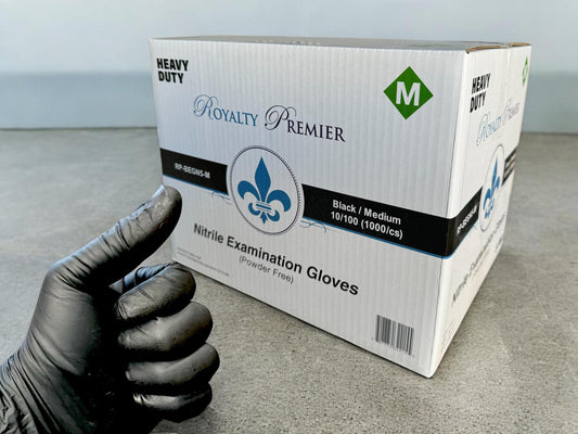 ROYALTY PREMIER 5MIL MEDIUM BLACK POUDER FREE EXAM GRADE NITRILE GLOVES 10/100 1000/CS