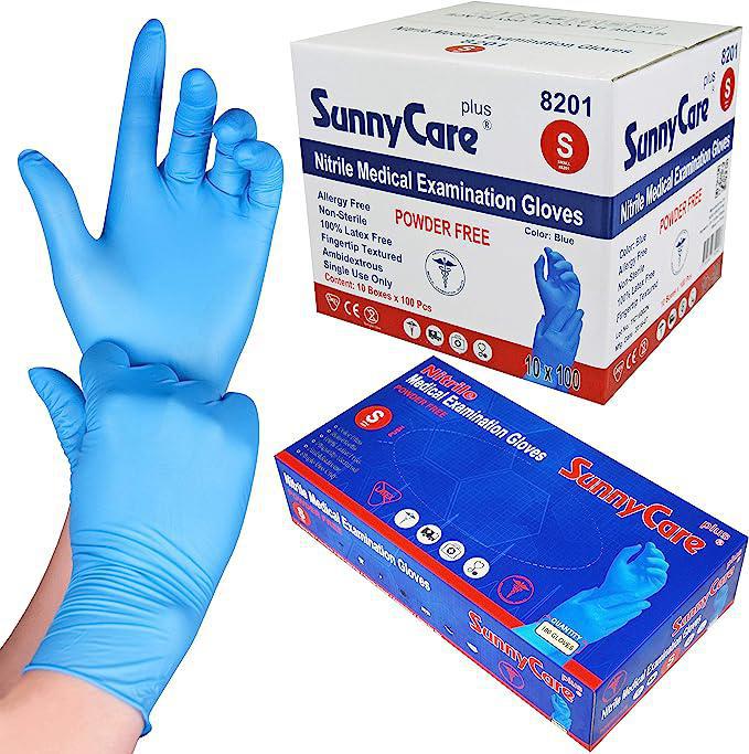 SUNNYCARE+ PLUS NITRILE MEDICAL EXAM GLOVE SIZE SMALL BLUE COLOR 100 PCS/CASE 10/BX CASE