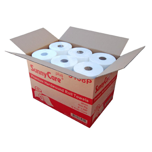 Sunnycare plus 8 hardwound paper roll towels premium white 12/case 1-ply 8" X 500