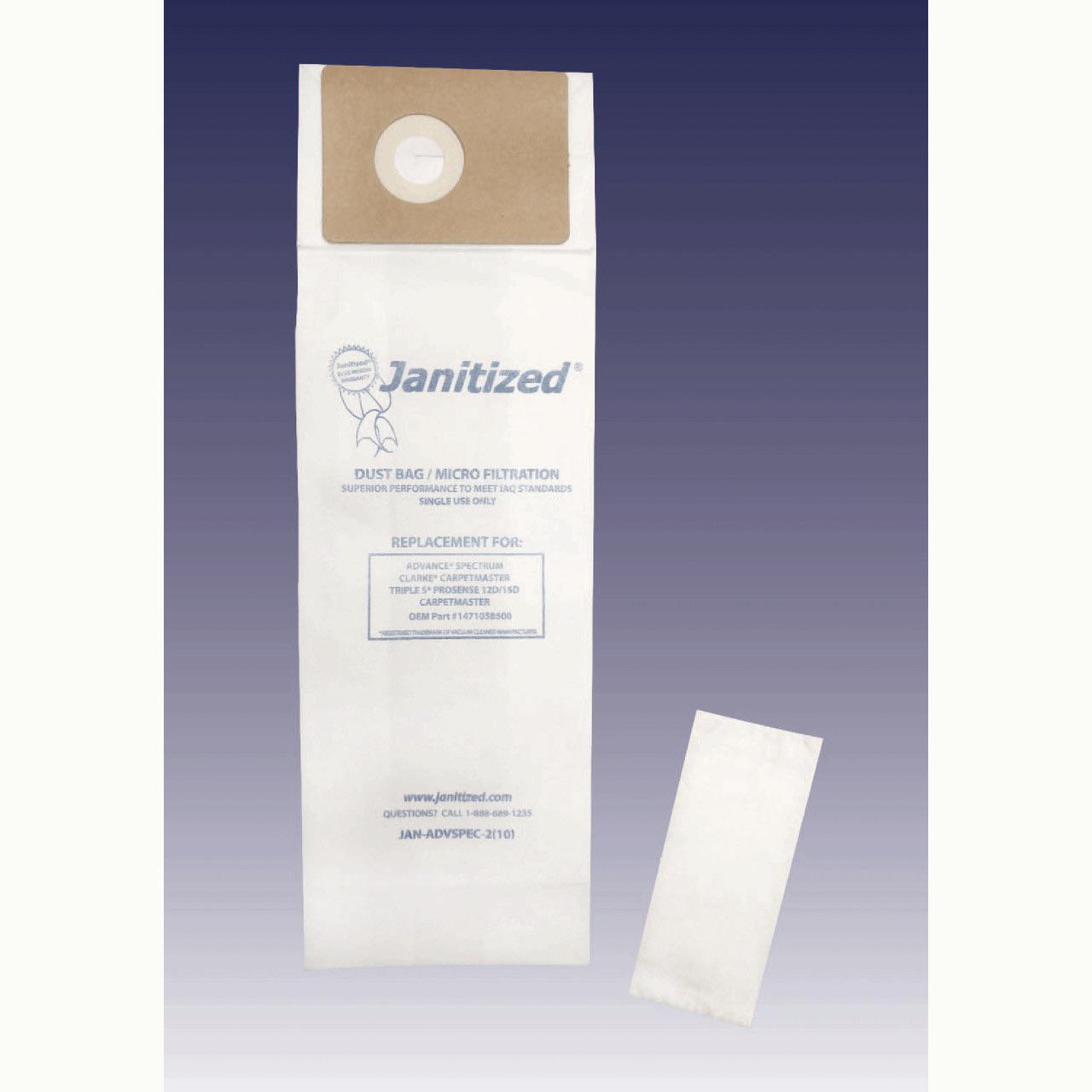 10 vacuum bags replaces 1471058500 for Clarke Carpetmaster Advance Spectrum GU 10 bags and 2 pre filters by Janitized JANADVSPEC10D GW628303002615