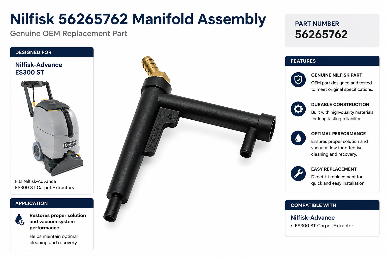 Nilfisk 56265762 Manifold Assembly for ES300 ST Carpet Extractor