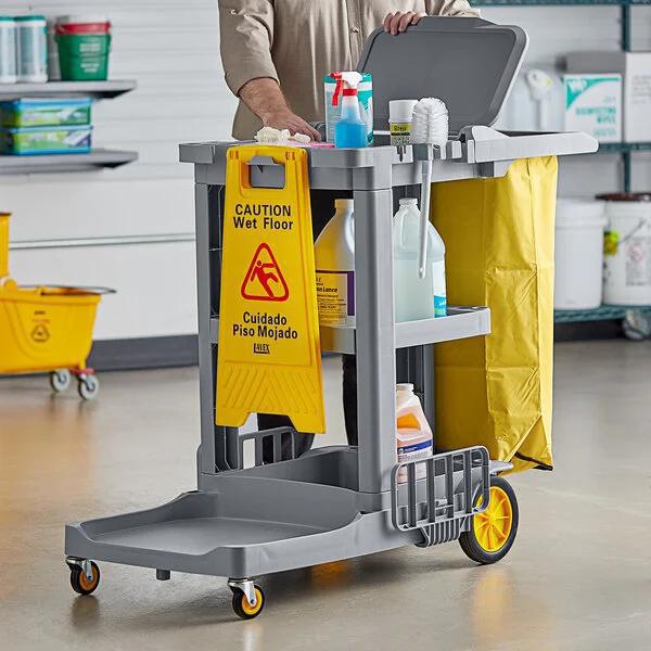 Premium 3-Shelf Janitor Cart Kit with Yellow Bag, Black Zippered Bag, and Lid