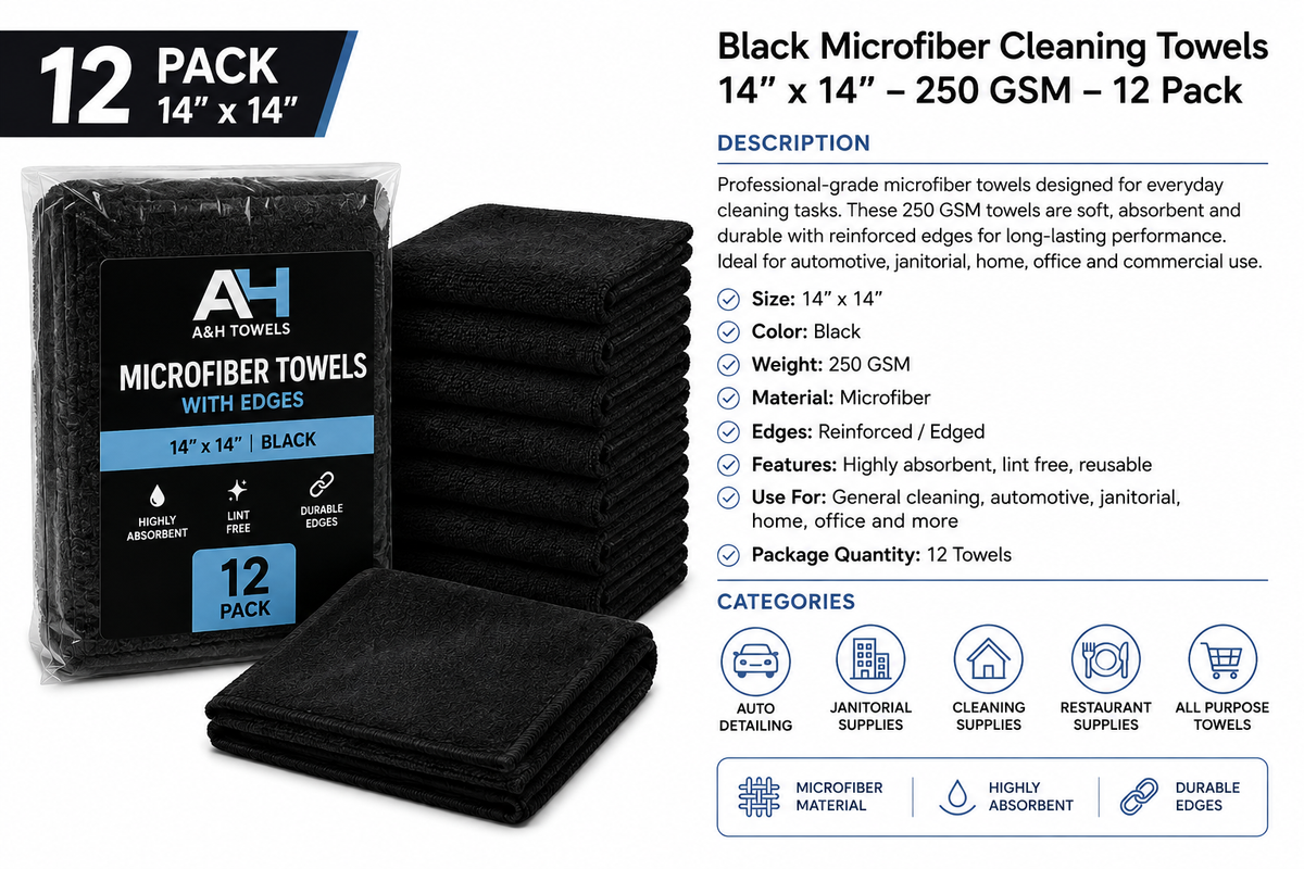 Black Microfiber Cleaning Towels 14" x 14" – 250 GSM – 12 Pack